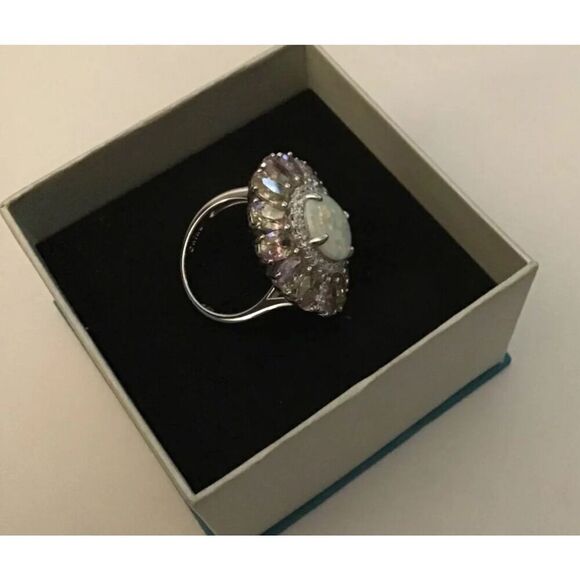 Gorgeous Ethipoian Opal~Pink & White Sapphire Sunburst Cocktail Ring Sz 8~925 SS - Picture 4 of 5